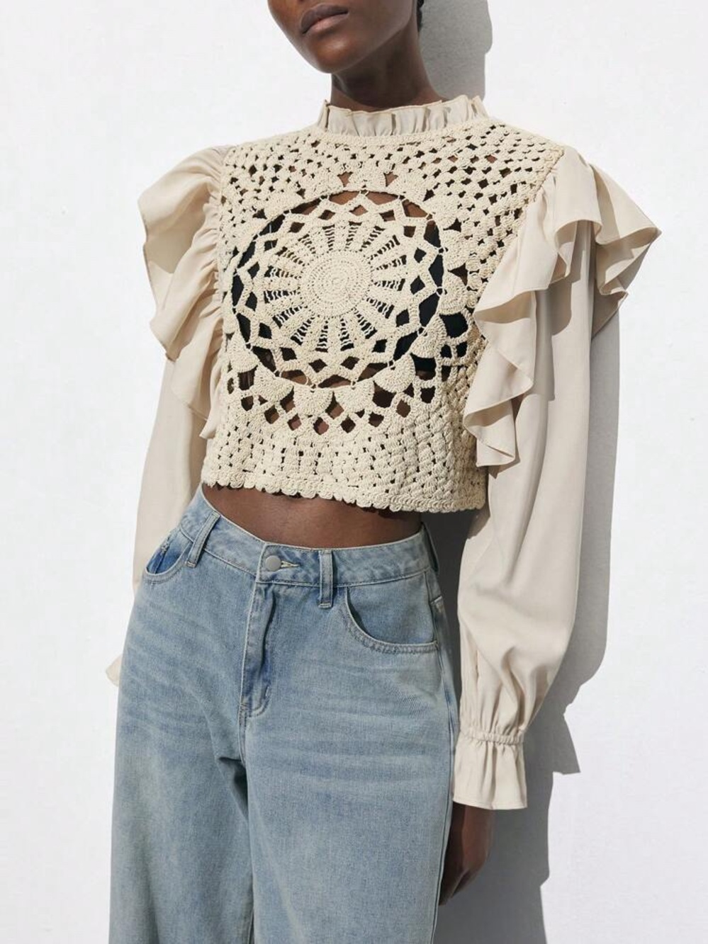Zara Cream Crochet Ruffle Sleeve Crop Top Sz S